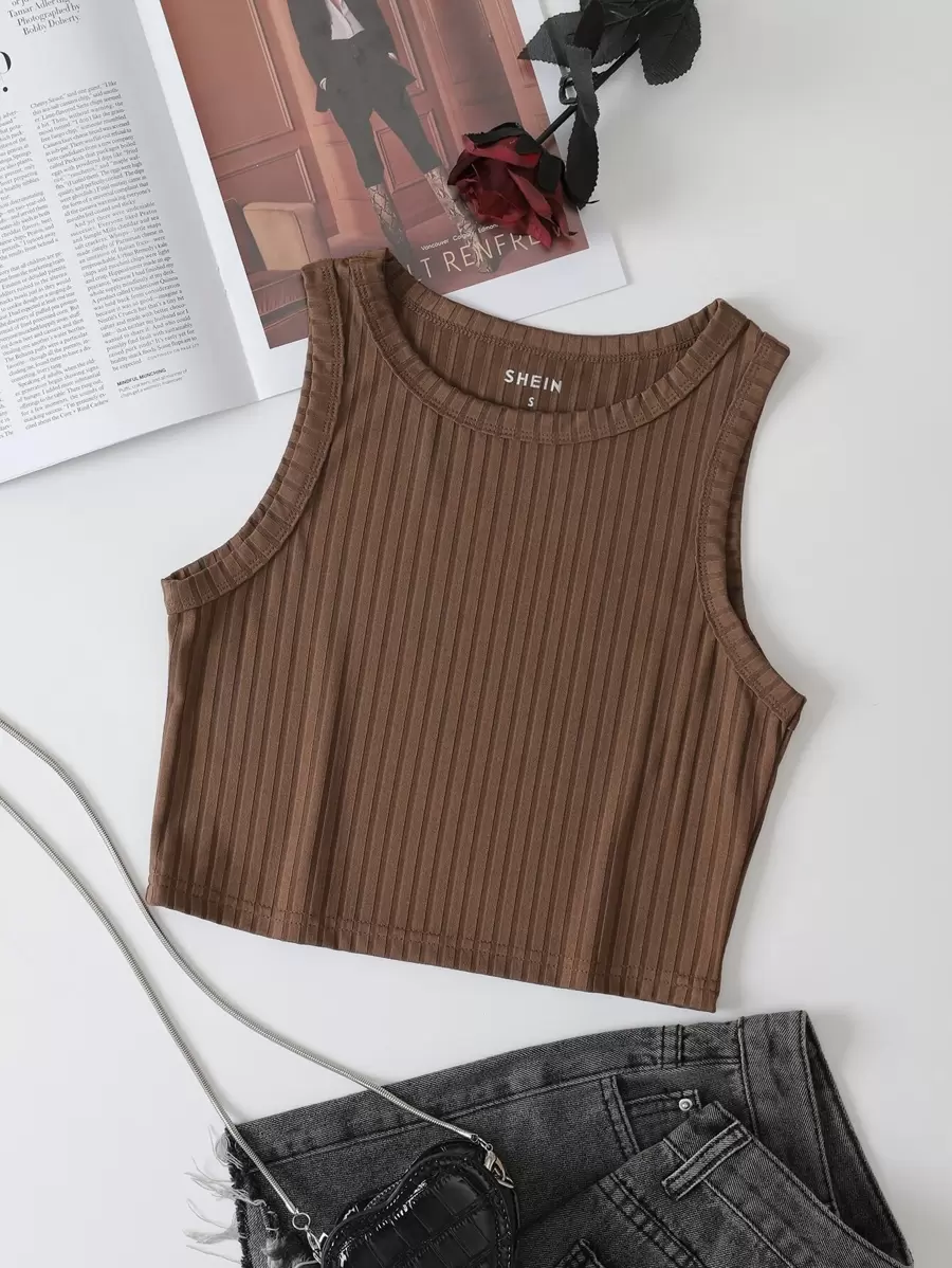 INAWLY Áo hai dây Gân đan màu trơn Cơ bản - Cà phê nâu - Xem 1