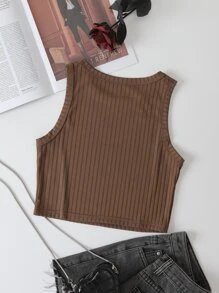 INAWLY Áo hai dây Gân đan màu trơn Cơ bản - Cà phê nâu - Xem 2