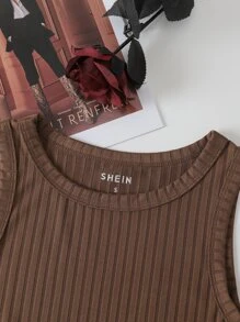 INAWLY Áo hai dây Gân đan màu trơn Cơ bản - Cà phê nâu - Xem 5