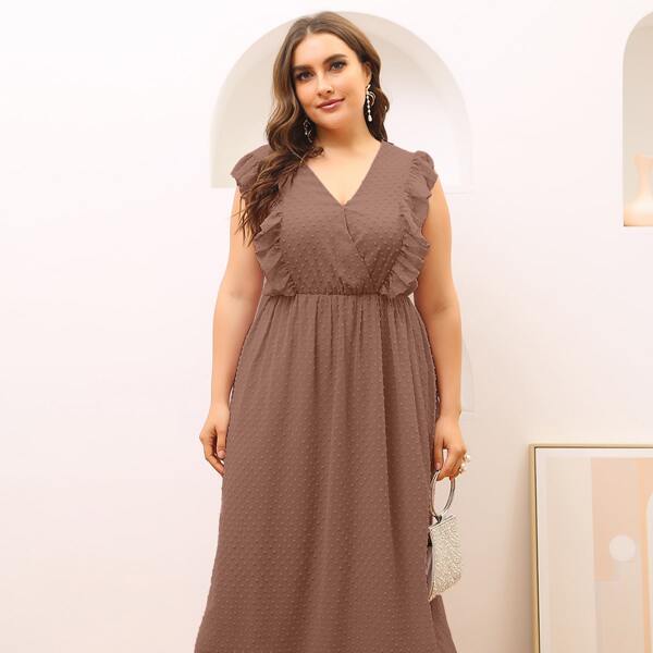 

Plus Swiss Dot Ruffle Trim A-line Dress, Chocolate brown