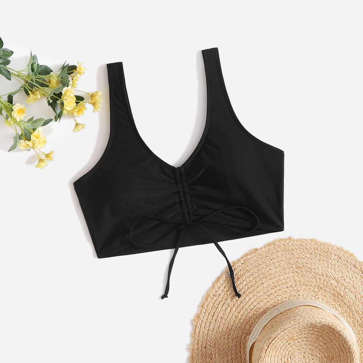 

Solid Drawstring Bikini Top, Black