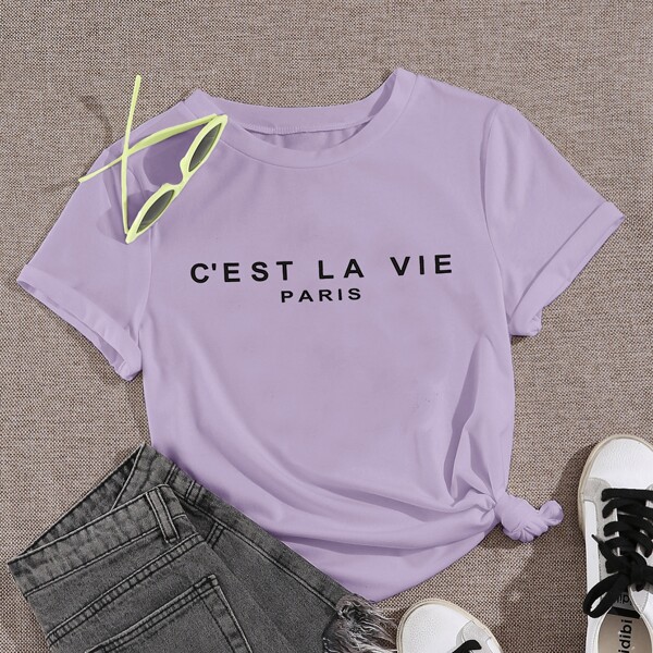 

Plus Slogan Graphic Round Neck Tee, Purple