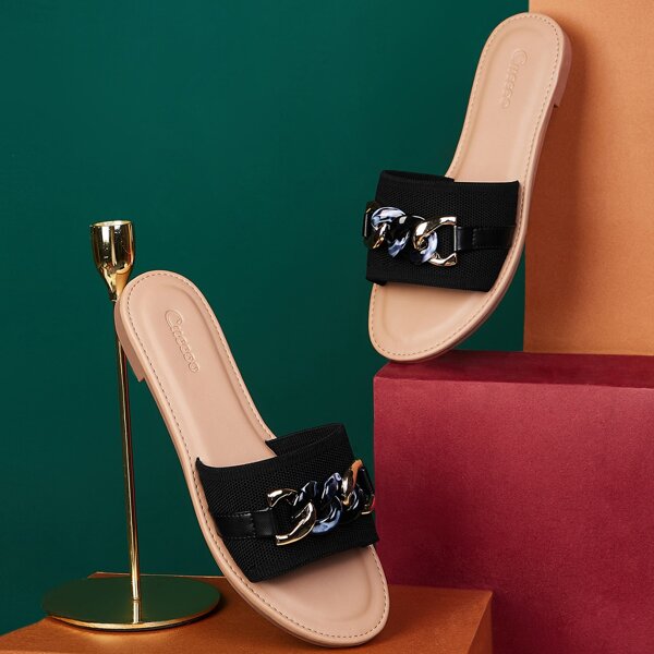 

Chain Decor Slide Sandals, Black