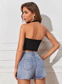 SHEIN EZwear Open Back Rib-knit Halter Top - Black - View 2