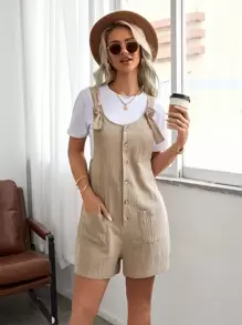 SHEIN LUNE Dual Pocket Button Front Romper - Khaki - View 1