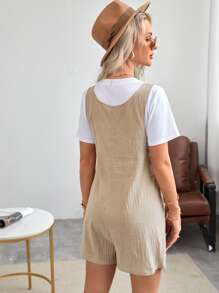 SHEIN LUNE Dual Pocket Button Front Romper - Khaki - View 2
