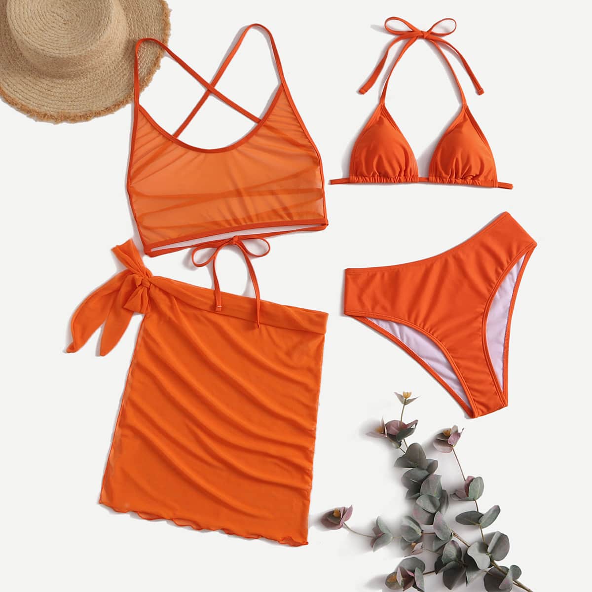 

4pack Solid Bikini Swimsuit, Orange