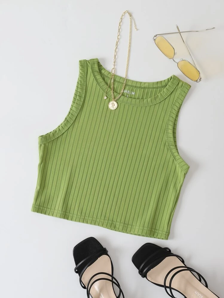 SHEIN EZwear Solid Rib-Knit Crop Tank Top - Green - View 1