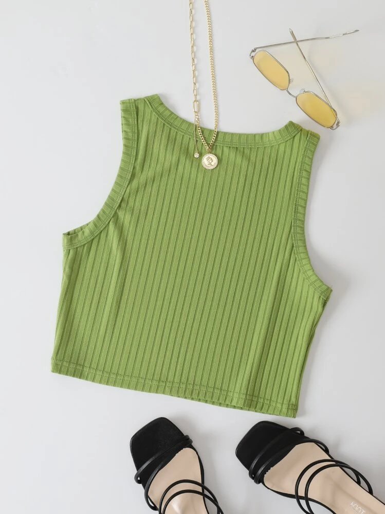 SHEIN EZwear Solid Rib-Knit Crop Tank Top - Green - View 2