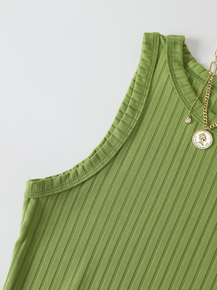 SHEIN EZwear Solid Rib-Knit Crop Tank Top - Green - View 4