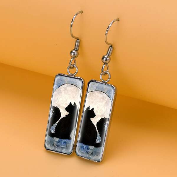 

Cat Pattern Rectangle Earrings, Multicolor