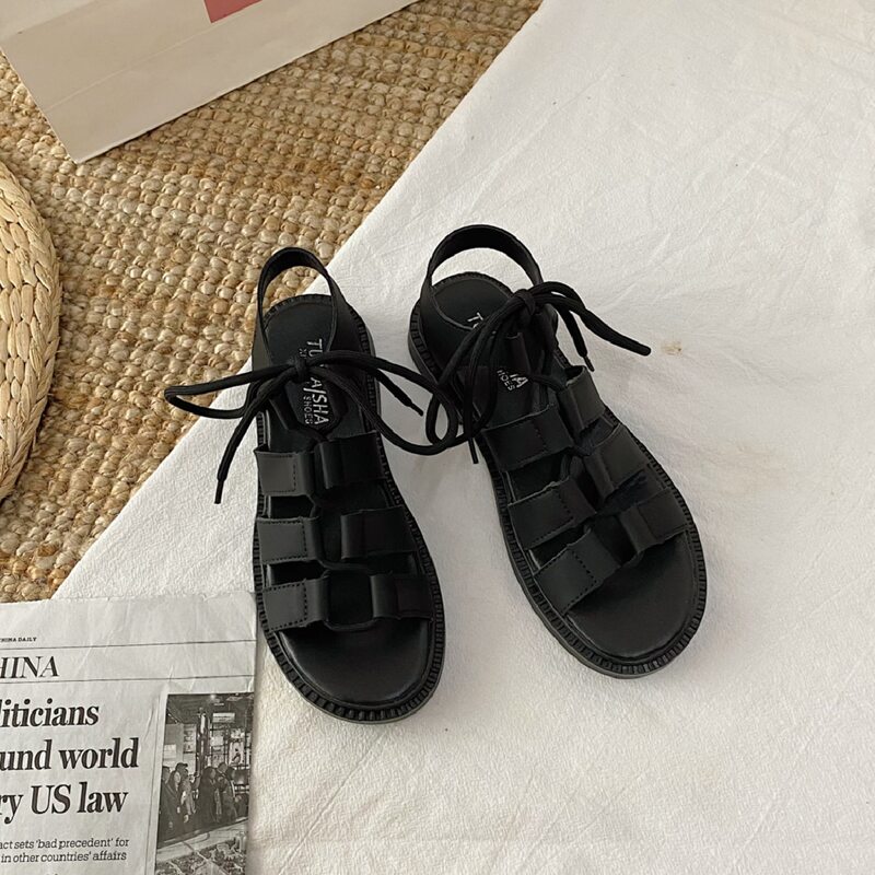 

Tie Front Flat Gladiator Sandals, Black