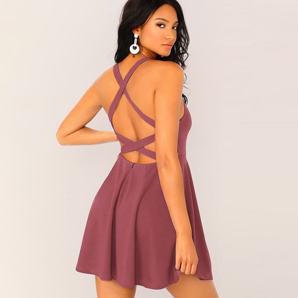 

Crisscross Backless Flare Dress, Dusty pink