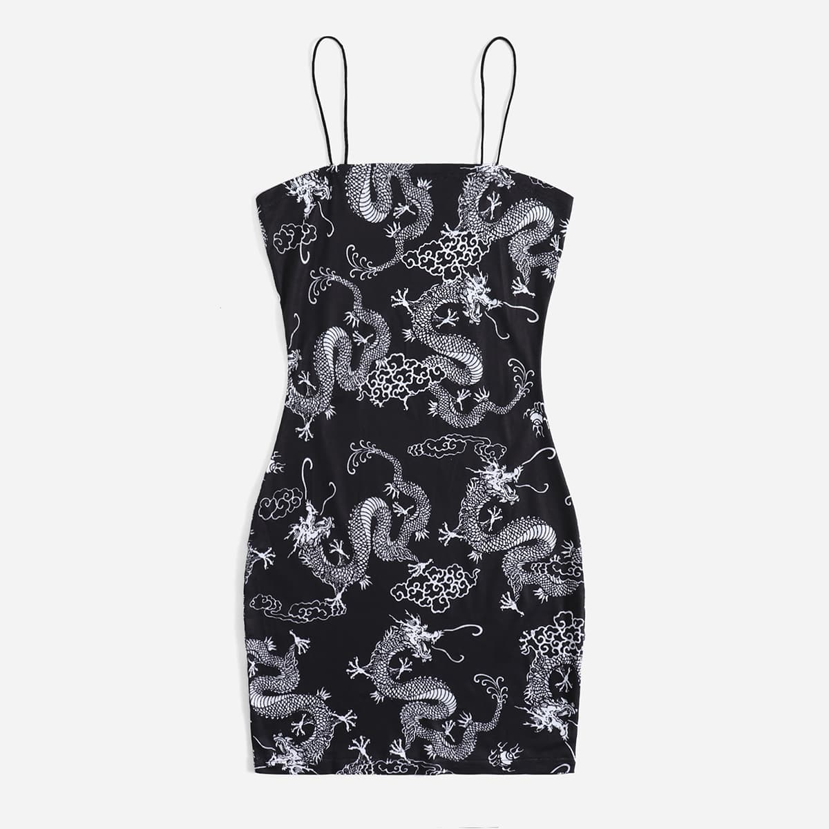 

Chinese Dragon Graphic Cami Dress, Black