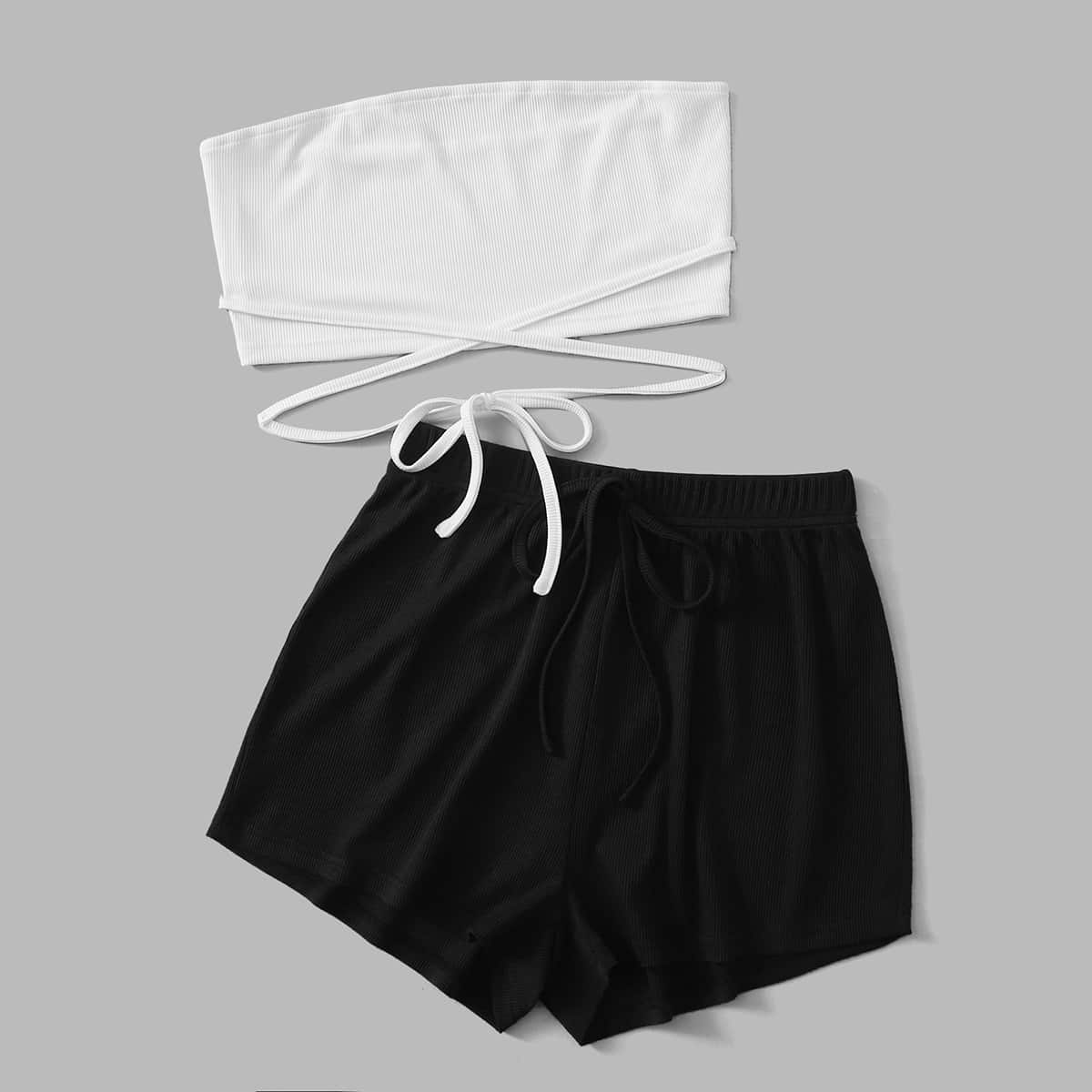 

Solid Criss Cross Crop Tube Top & Shorts, Black and white