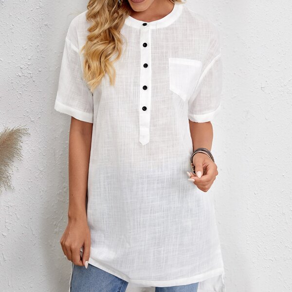 

Solid Half Button Pocket Front Blouse, White