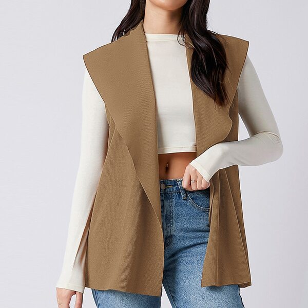 

Waterfall Neck Solid Vest Coat, Khaki