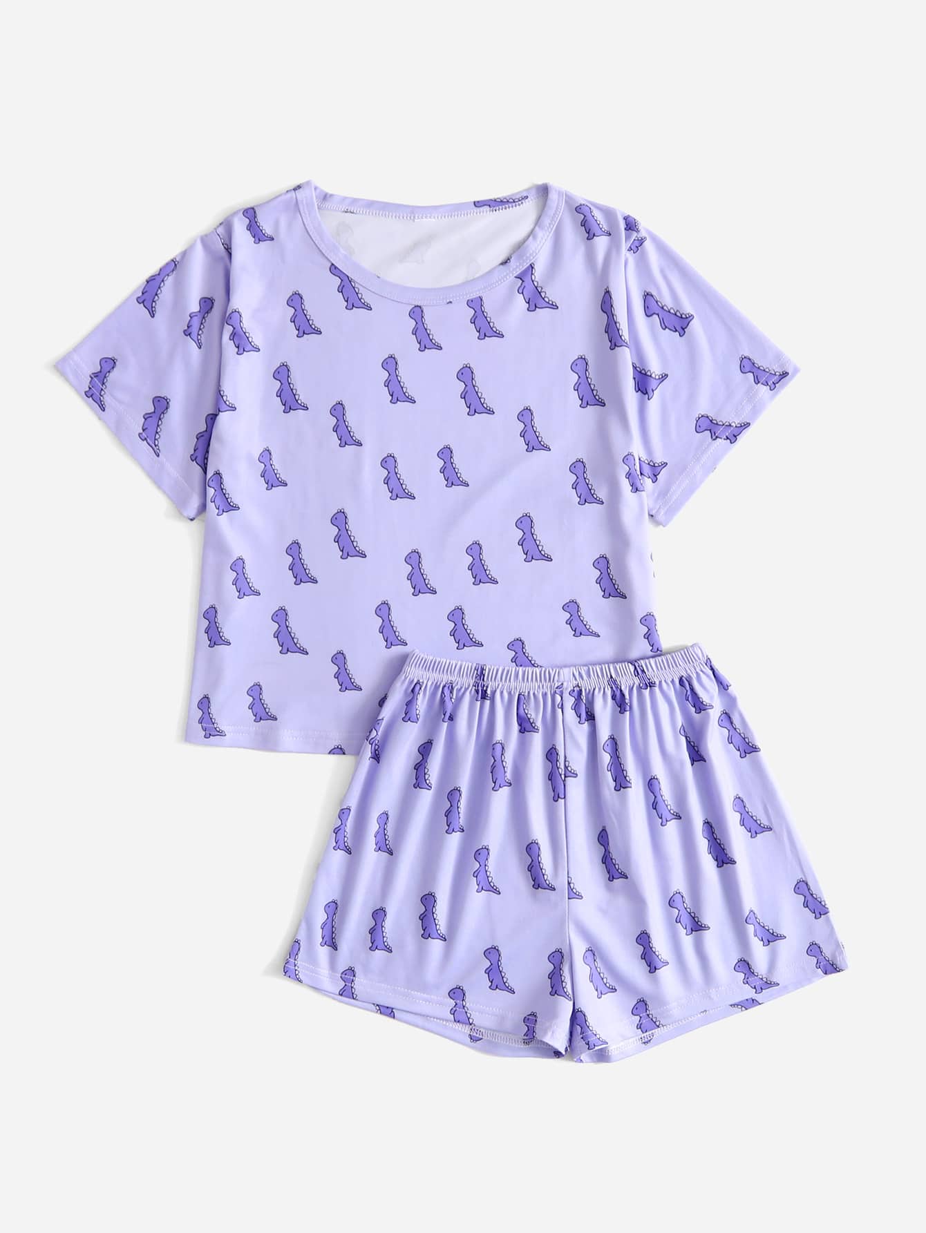 Girls Cartoon Dinosaur Print PJ Set - Lilac Purple - View 1