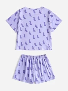 Girls Cartoon Dinosaur Print PJ Set - Lilac Purple - View 2