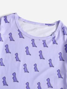 Girls Cartoon Dinosaur Print PJ Set - Lilac Purple - View 5
