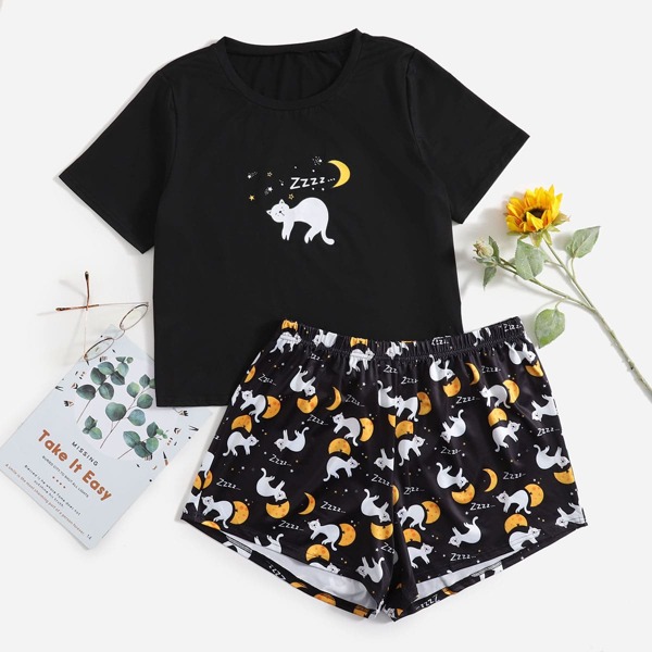 

Plus Cartoon Cat & Moon Print Tee & Shorts PJ Set, Black