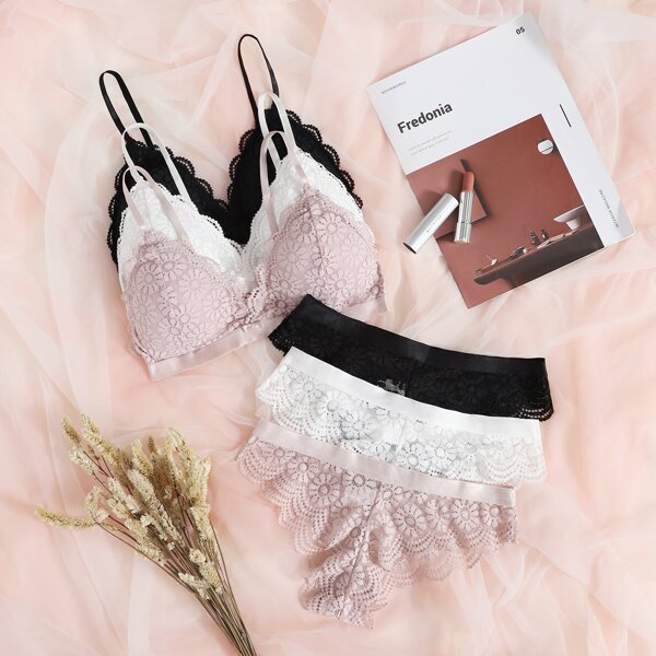 

3sets Floral Lace Bow Decor Lingerie Set, Multicolor