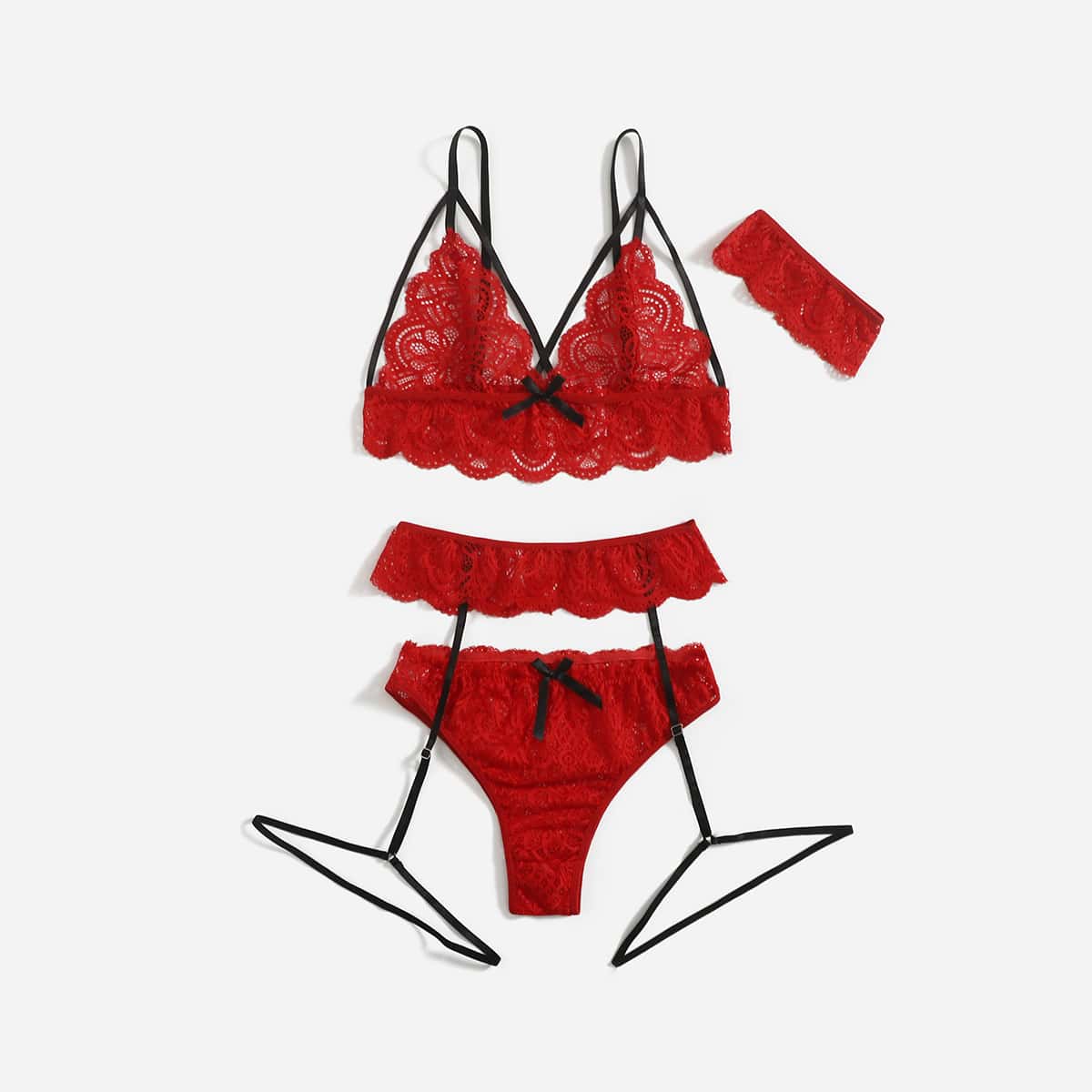 

4pack Scallop Trim Lace Garter Lingerie Set With Choker, Red
