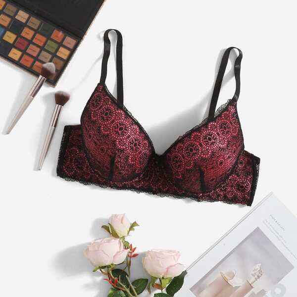 

Plus Lace Overlay Underwire Bra, Multicolor
