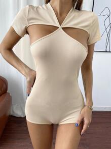 SHEIN Unity 羅紋後鏤空連身短褲 - 杏色 - 查看 1