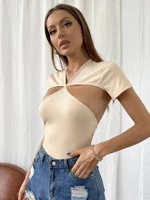 SHEIN Unity 羅紋後鏤空連身短褲 - 杏色 - 查看 5