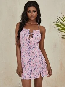 SHEIN Unity Floral Print Halter Neck Dress - Baby Pink - View 1