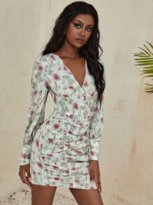 SHEIN Unity 花卉燈籠袖抽褶洋裝 - 彩色 - 查看 1