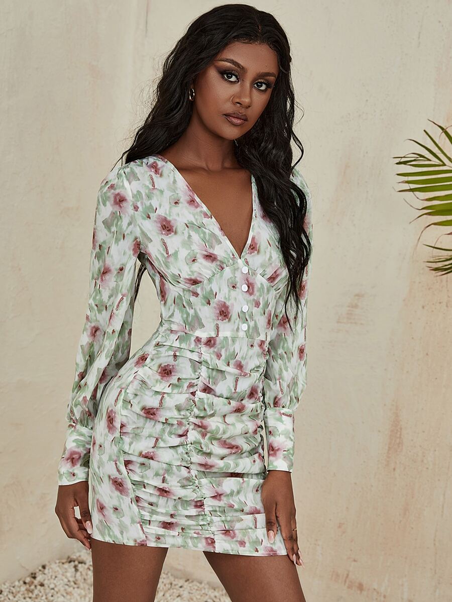 SHEIN Unity 花卉燈籠袖抽褶洋裝 - 彩色 - 查看 1