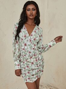 SHEIN Unity 花卉燈籠袖抽褶洋裝 - 彩色 - 查看 3