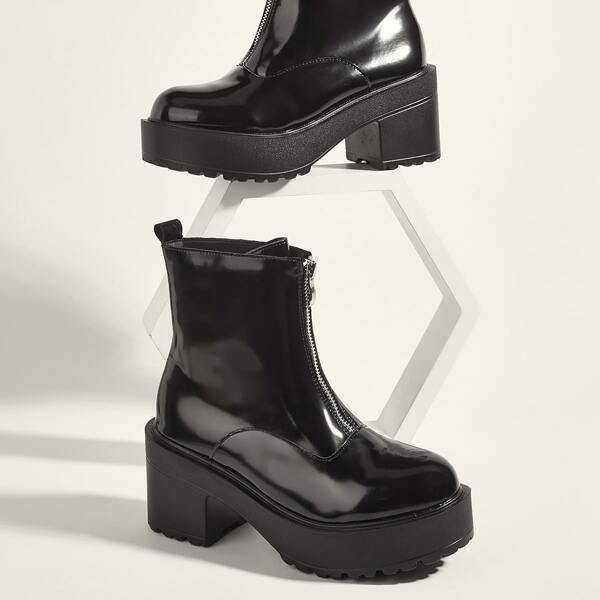 

Minimalist Zipper Front Chunky Boots, Black