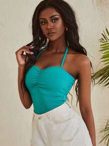 素色前收褶掛脖上衣 - 青碧色 - 查看 1