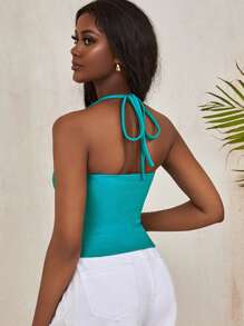 素色前收褶掛脖上衣 - 青碧色 - 查看 2