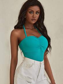 素色前收褶掛脖上衣 - 青碧色 - 查看 3