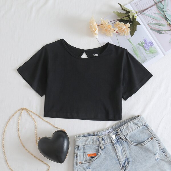 

Solid Cut Out Back Crop Tee, Black