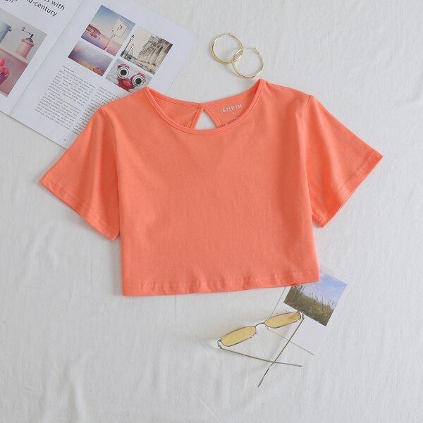 

Solid Cut Out Back Crop Tee, Coral orange