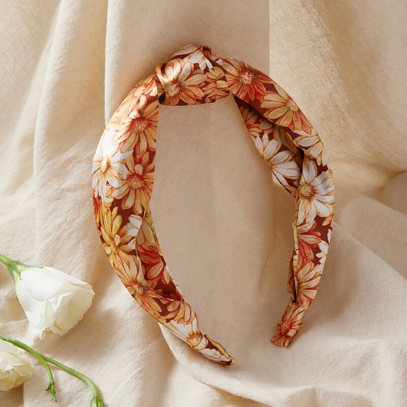 

Floral Print Wide Headband, Coral orange