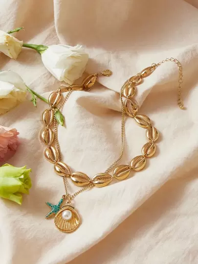 SHEIN VCAY 貝殼裝飾多層項鍊