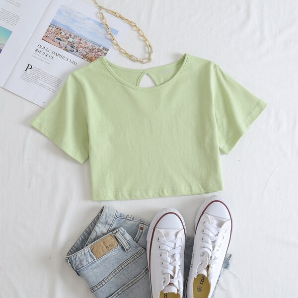 

Solid Cut Out Back Crop Tee, Lime green