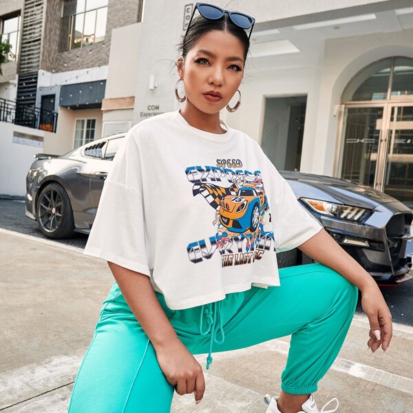 

Plus Drop Shoulder Letter Graphic Tee, White