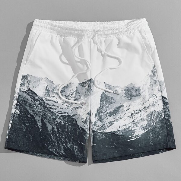 

Men Mountain Print Drawstring Waist Shorts, Multicolor