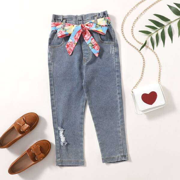 

Toddler Girls Ripped Belted Paper Bag Waist Jeans, Medium wash