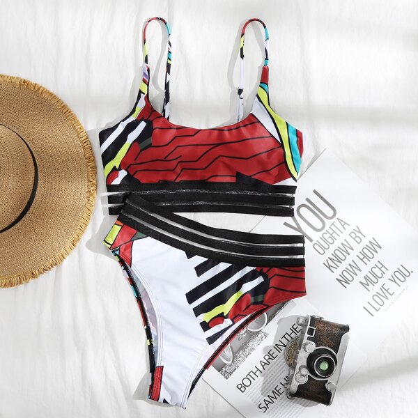 

Geo Print Mesh Trim Bikini Swimsuit, Multicolor