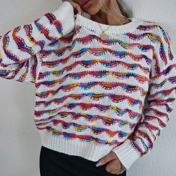 

Allover Pattern Drop Shoulder Sweater, Multicolor