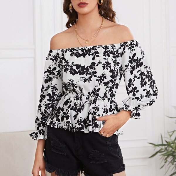 

Floral Print Off Shoulder Peplum Top, Black and white