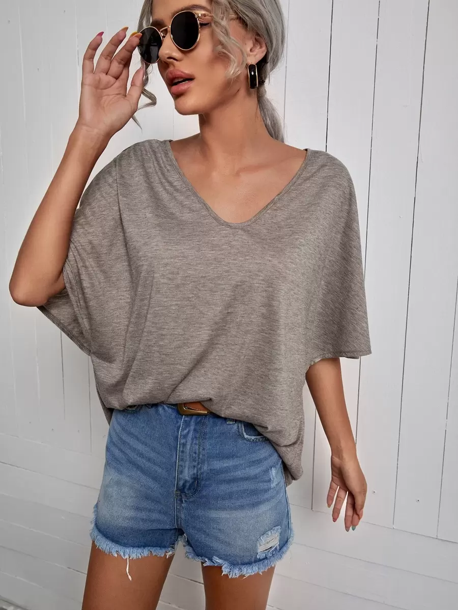 SHEIN Frenchy Solid Batwing Sleeve V-Neck Tee - Grey - View 1